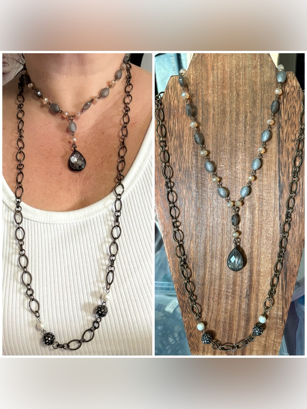 Smoky Gray Teardrop Pendant Beaded Necklace - Unbranded & bronze chain necklace